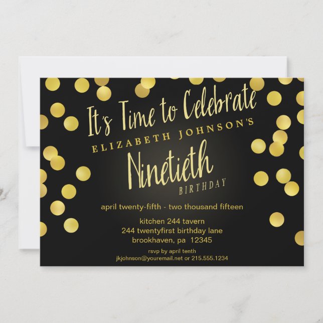 Chic Gold & Black Confetti 90e Invitation d'annive (Devant)