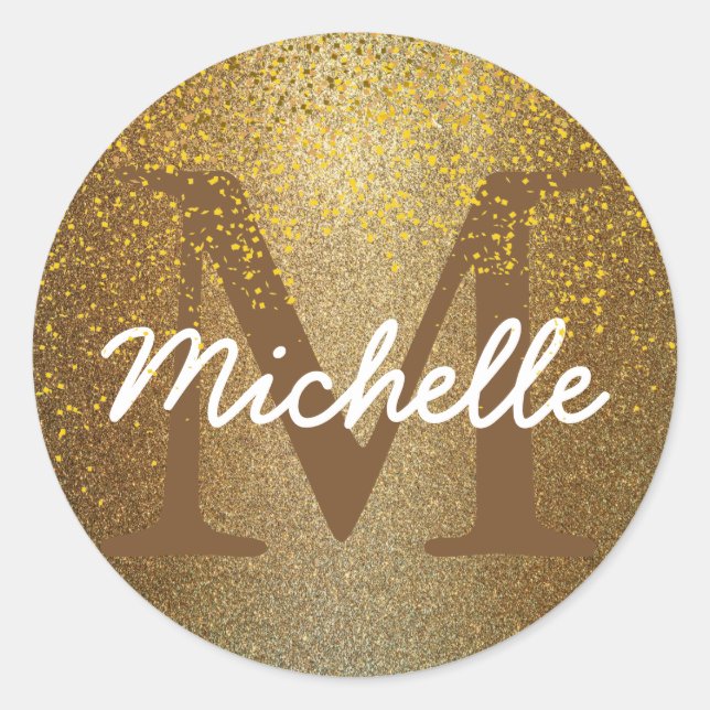 Chic Gold Confetti Monogramme Nom Sticker rond (Devant)