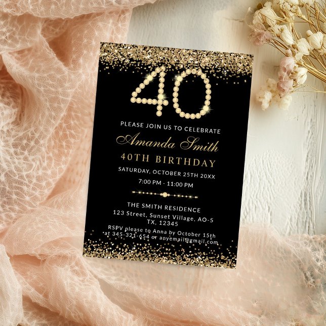 Chic Gold Diamonds 40th Birthday Party Invitation (Gold Diamond 40th Birthday Party Invitation)