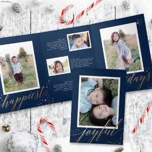 Chic Gold Stardust Tri-fold Navy Christmas Photo