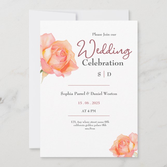 Chic golden peach blush roses wedding invitation (Devant)