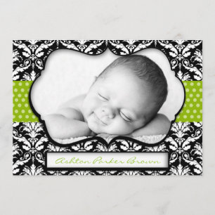Chic Green Polka Dot Damask Faire-part de naissanc