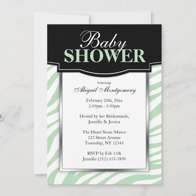 Chic Green Zebra Print Baby Shower Invitations (Devant)