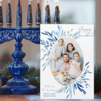 Chic Happy Hanoukka Family Photo Blue Magnet Card