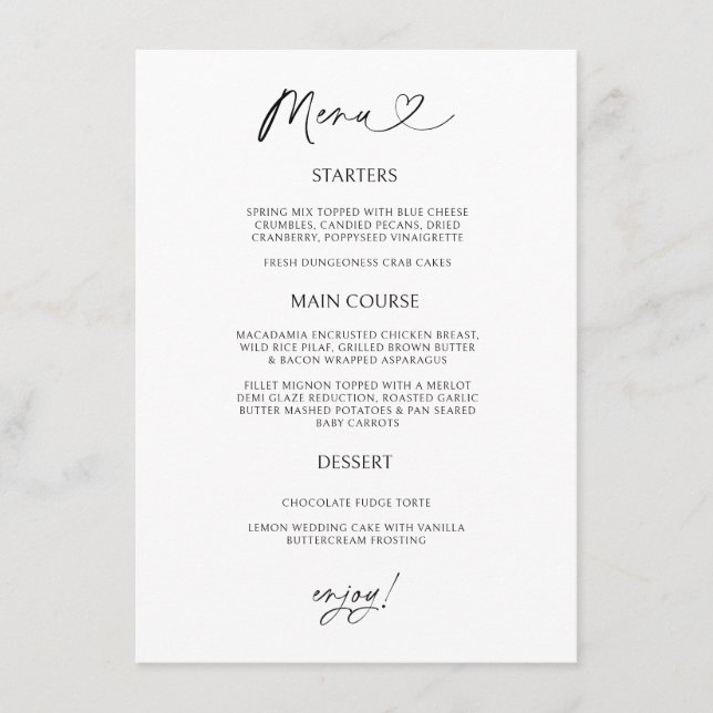 Chic Heart Menu Card Minimal Reception Dining (Devant)
