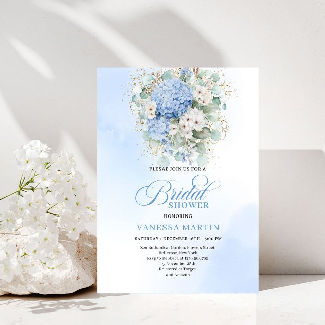 Chic Invitation de Fête de Fiançailles Bleu Hydran (Chic Bridal Shower Blue Hydrangeas Gold Invitation)