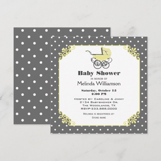 Chic Jaune Pram Baby shower Invitation (Devant / Derrière)