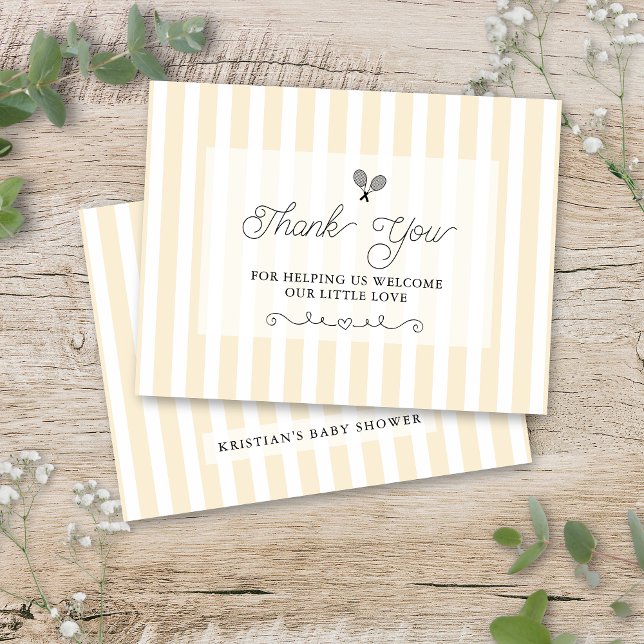 Chic Jaune Striped Tennis Preppy Merci Cartes (chic preppy yellow and white striped baby shower flat thank you cards for elegant upscale events)