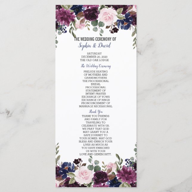 Chic Lavender Navy Blue Floral Fleom Programme (Devant)