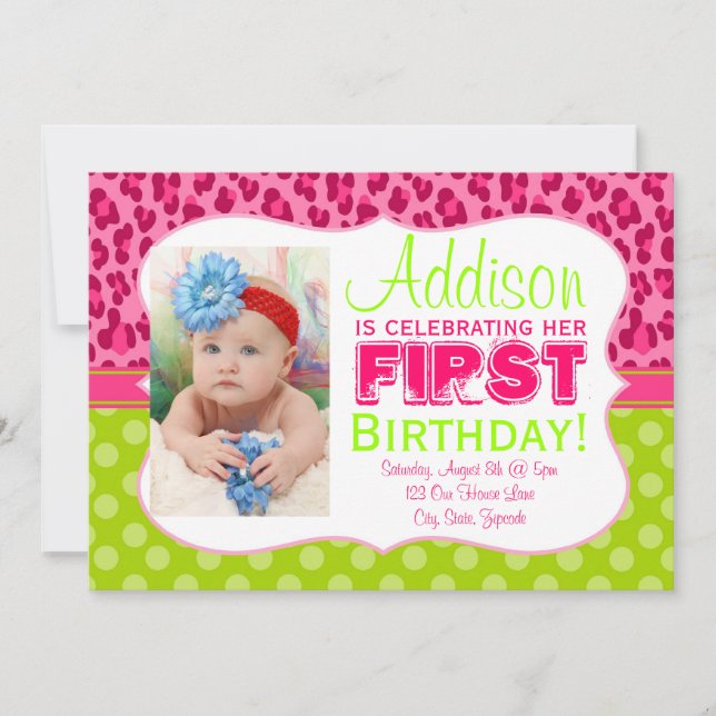 Chic Leopard & Pois Lime Green & Pink Invitation (Devant)