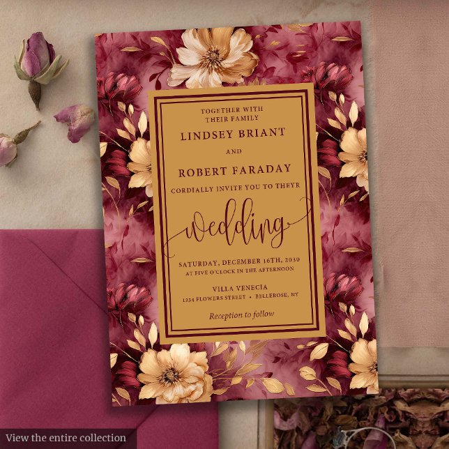 Chic Luxe Merlot Gold Floral Faire-part de mariage (Chic Luxury Merlot Gold Floral Wedding Invitation)