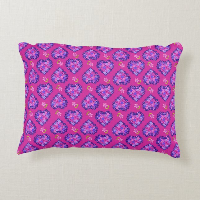 Chic Magenta Coeurs et Fleurs Accent Coussin (Dos)