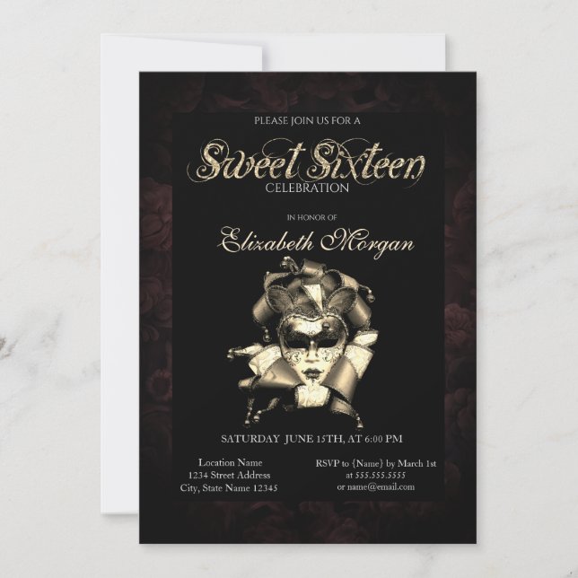 Chic Masque Rose Black Sweet 16 Invitation (Devant)