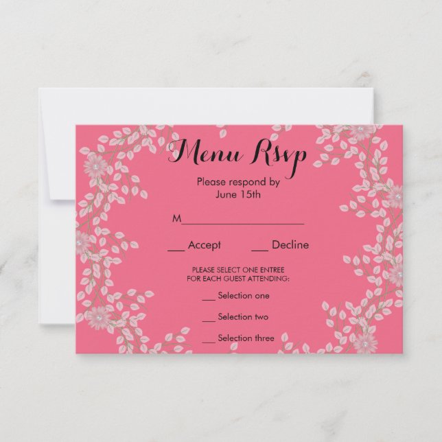Chic Menu de Mariage RSVP Fleurs Roses et Perles (Devant)