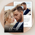 Chic Merci Script 2 Mariage photo Carte de remerci<br><div class="desc">Moderne Chic Boho Calligraphie Script Mariage 2 Carte de remerciements photo. Mariage élégant merci modèle avec une photo verticale complète sur le devant avec le texte "Merci" dans une main tourbillonnant fantaisie lettrage typographie script swash tail police en blanc superposition sur l'image et un côté inverse (1) photo et message...</div>
