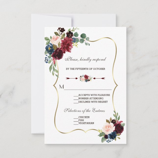 Chic Merlot Marine Blue Floral Wedding RSVP (Devant)