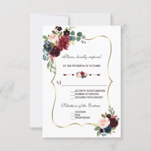 Chic Merlot Marine Blue Floral Wedding RSVP