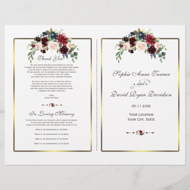 Chic Merlot Navy Floral Gold Frame Wedding Program (Devant)