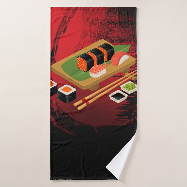 Chic Moderne élégant Sushi noir & rouge (Serviette de bain)