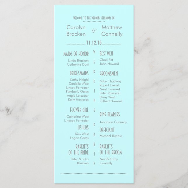 Chic moderne Mint Blue Wedding Programme Carte rac (Devant)