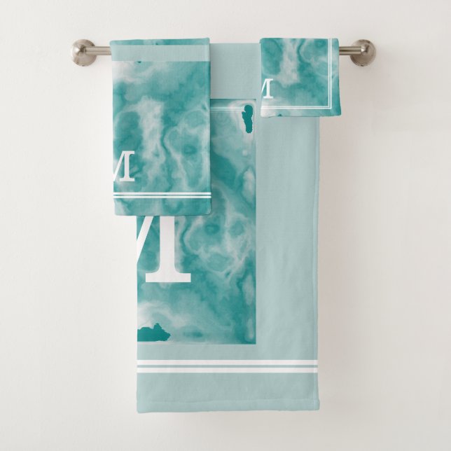 Chic Moderne Turquoise Et Bleu Dusty Marbre Monogr (En situation)