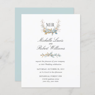 Chic Monogram Crest Or et bleu Mariage floral