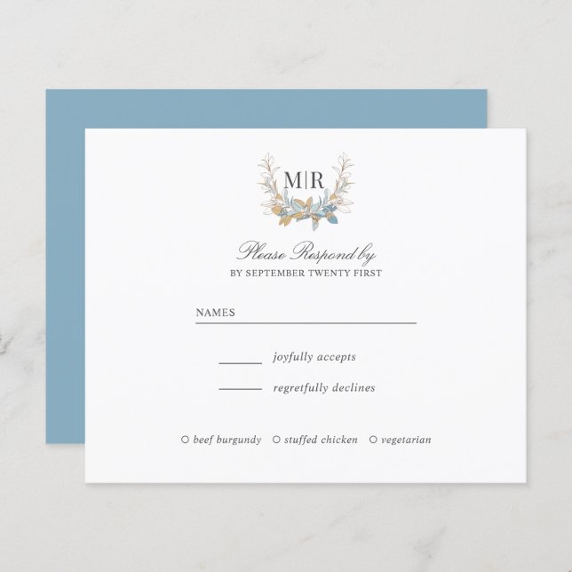 Chic Monogram Crest Or et bleu Mariage RSVP (Devant / Derrière)