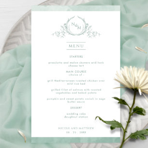 Chic Monogram Pale Green Watercolor Menu Mariage