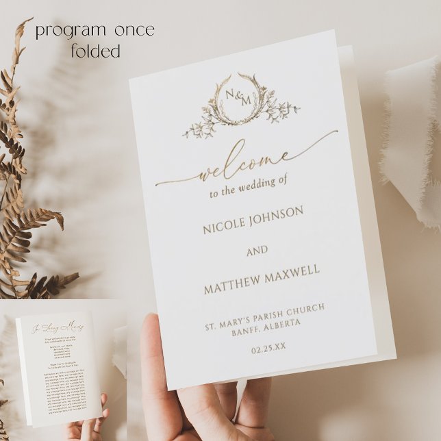 Chic Monogram White Gold Mariage Programme pliable (Créateur téléchargé)