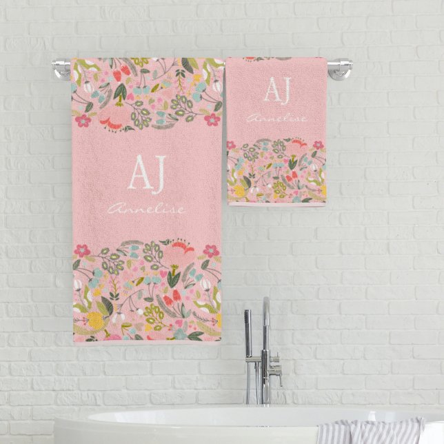 Chic monogramme féminin personnalisé fleurs rose (Créateur téléchargé)
