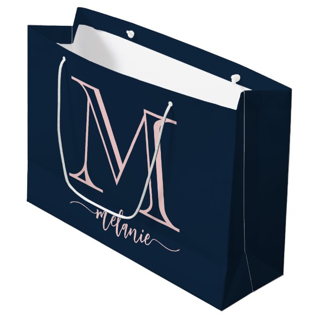 Chic Monogramme Marine Bleu Rose Grand sac cadeau (Devant Angle)