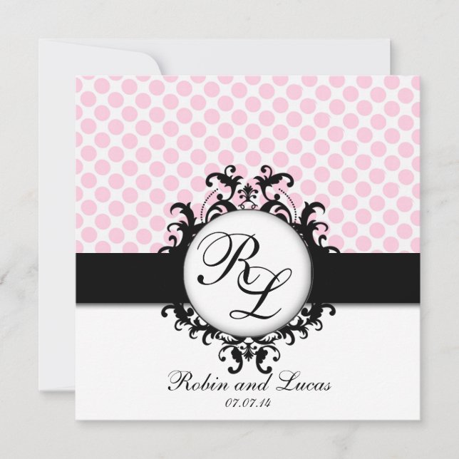 Chic Monogrammes Mariage Invitation Pois roses (Devant)