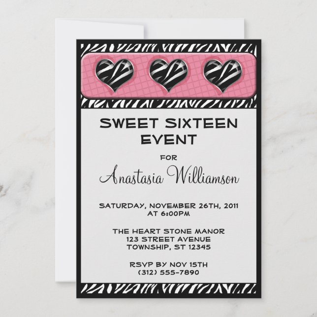 Chic My Heart Zebra Imprimer rose Invitations d'an (Devant)