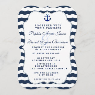 Chic Nautical Navy Vagues Ancre Mariage Invitation