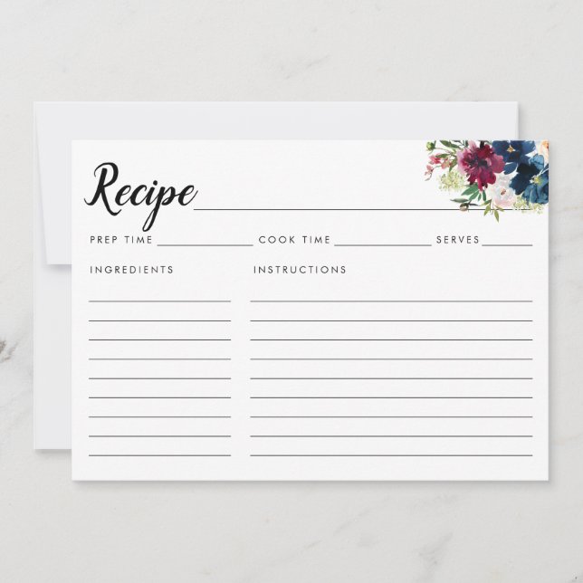 Chic Navy Bleu Bourgogne Floral Aquarelle Recette (Devant)