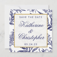 Chic Navy Blue Gold Botanical Enregistrer la date 