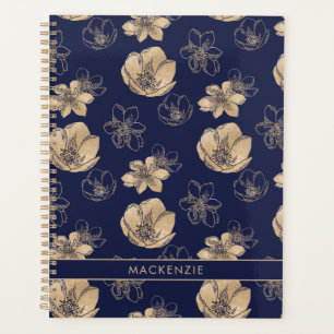 Chic Navy Blue Gold Foil Motif floral