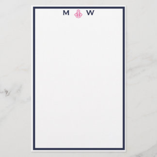 Chic Navy & Pink Ancre Monogram papeterie
