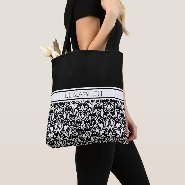 Chic noir et blanc Damas Sac fourre-tout personnal (De près)