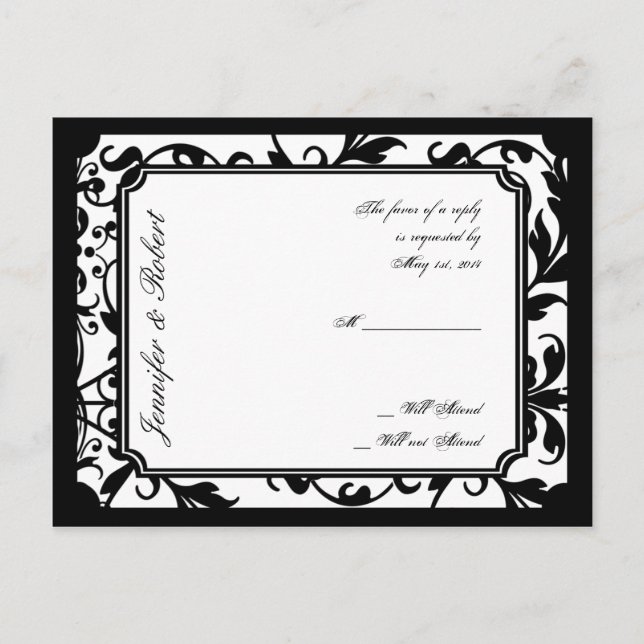 Chic noir et blanc Damask carte postale RSVP (Devant)