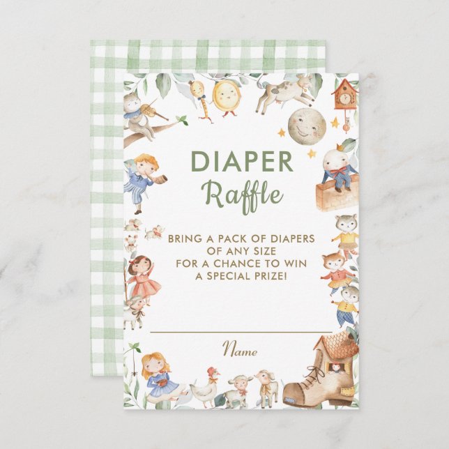 Chic Nursery Rhyme Greenery Diaper Carte Raffle (Devant / Derrière)