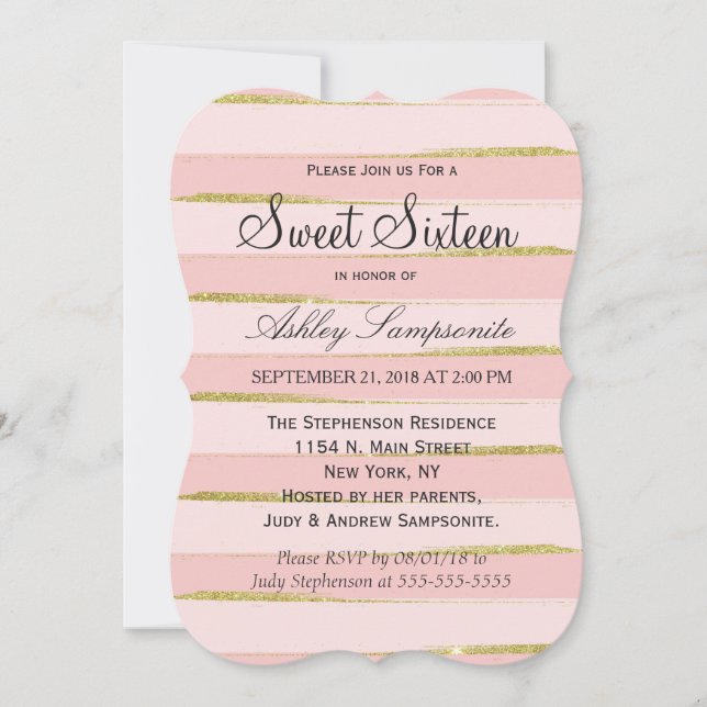 Chic Or rose rayures doux 16 Invitations (Devant)