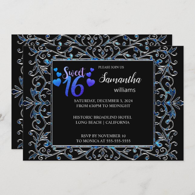 Chic Ornate Silver Sweet 16 Invitation (Devant / Derrière)