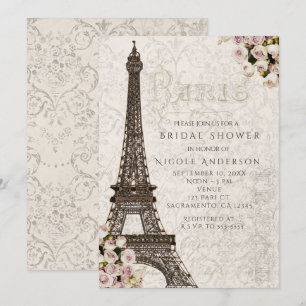 Chic Paris Tour Eiffel & Roses Élégant Invitation