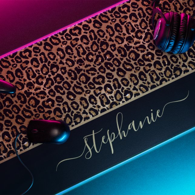 Chic Parties scintillant or Leopard Poster de anim (Chic Gold Glitter Leopard Animal Print Monogram Desk Mat)