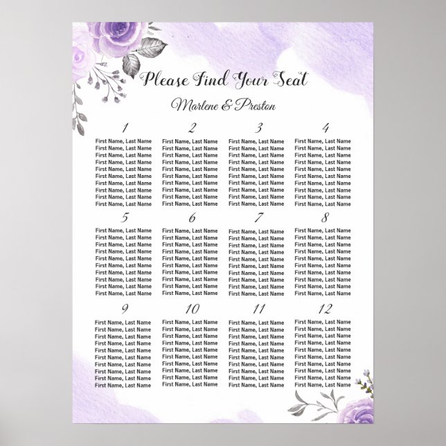 Chic Pastel Purple 12 Tables Tableau Mariage (Devant)