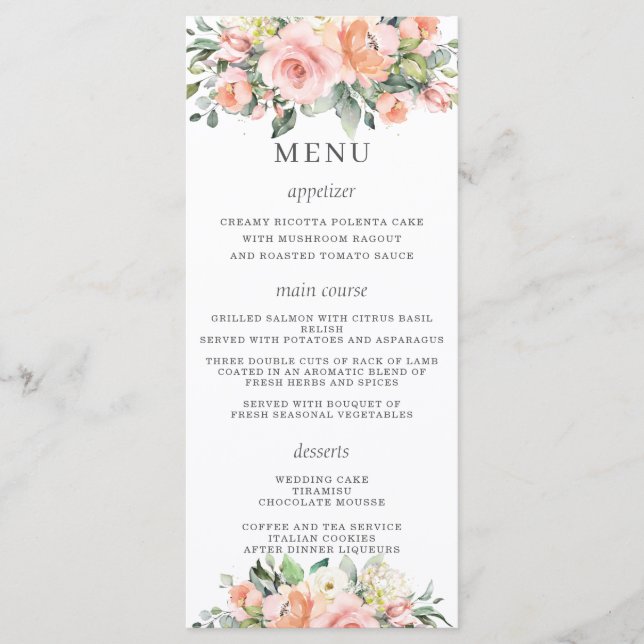 Chic Peach Ivory Pink Floral Menu Mariage (Devant)