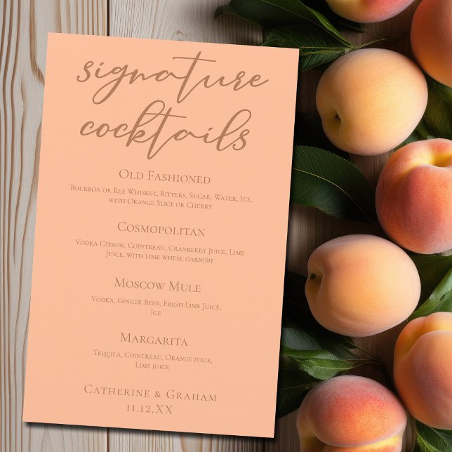 Chic Peach Summer Mariage Signature Cocktails Menu (Créateur téléchargé)