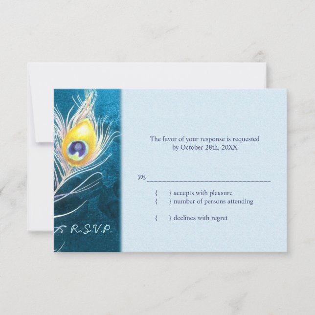 Chic Peacock Feather Blue Wedding RSVP (Devant)