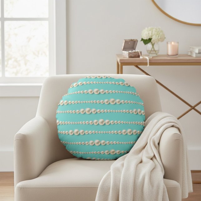 Chic Pearl & Turquoise Round Coussin (Créateur téléchargé)